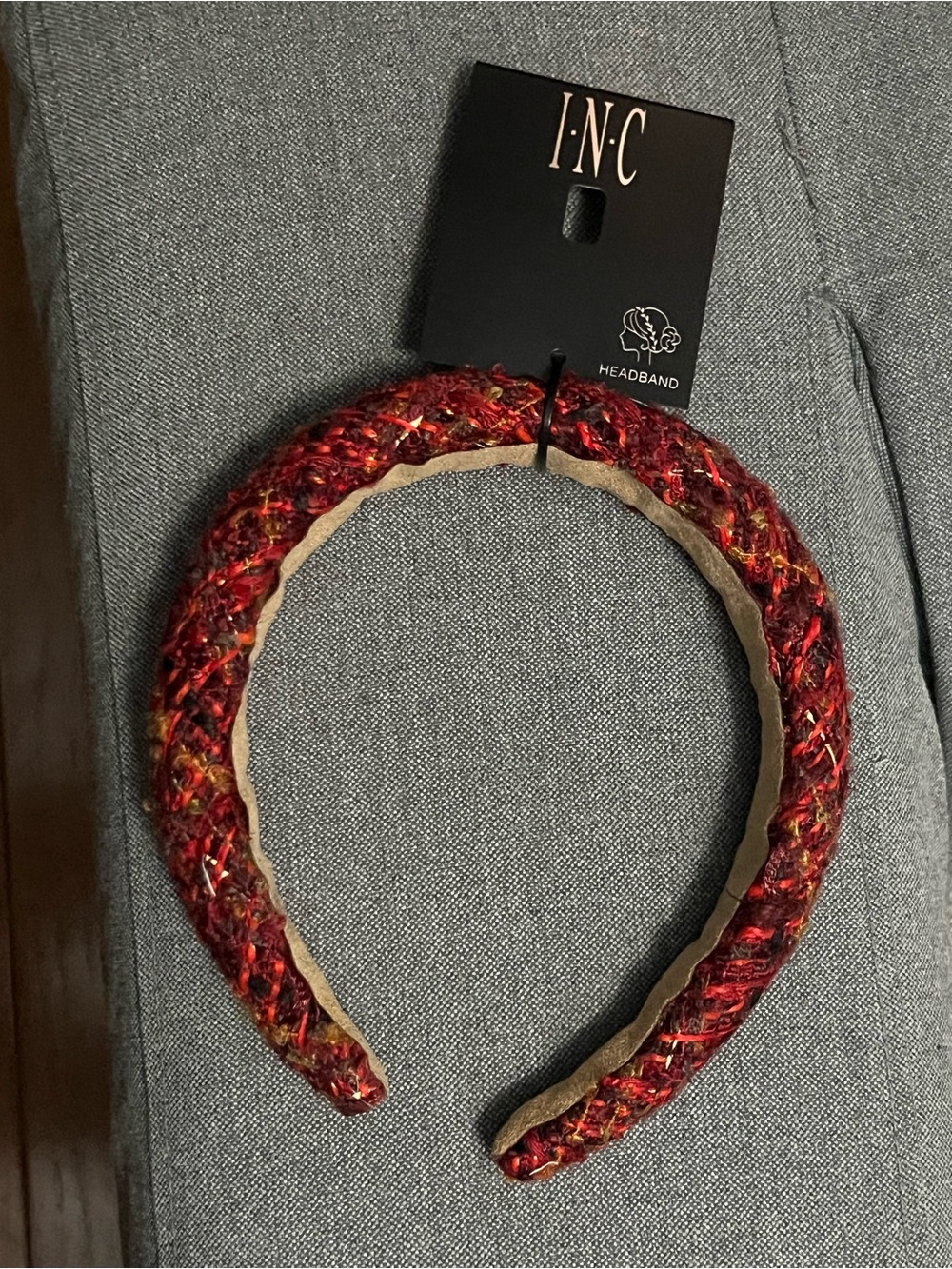 INC International Concepts Red Tweed Padded Headband with Multicolor Accents